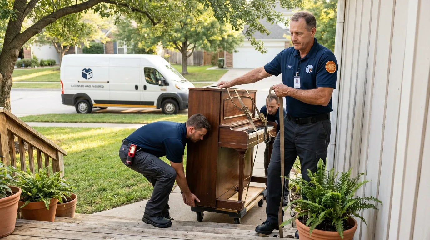 Licensed piano movers securing grand piano in Oologah, OK