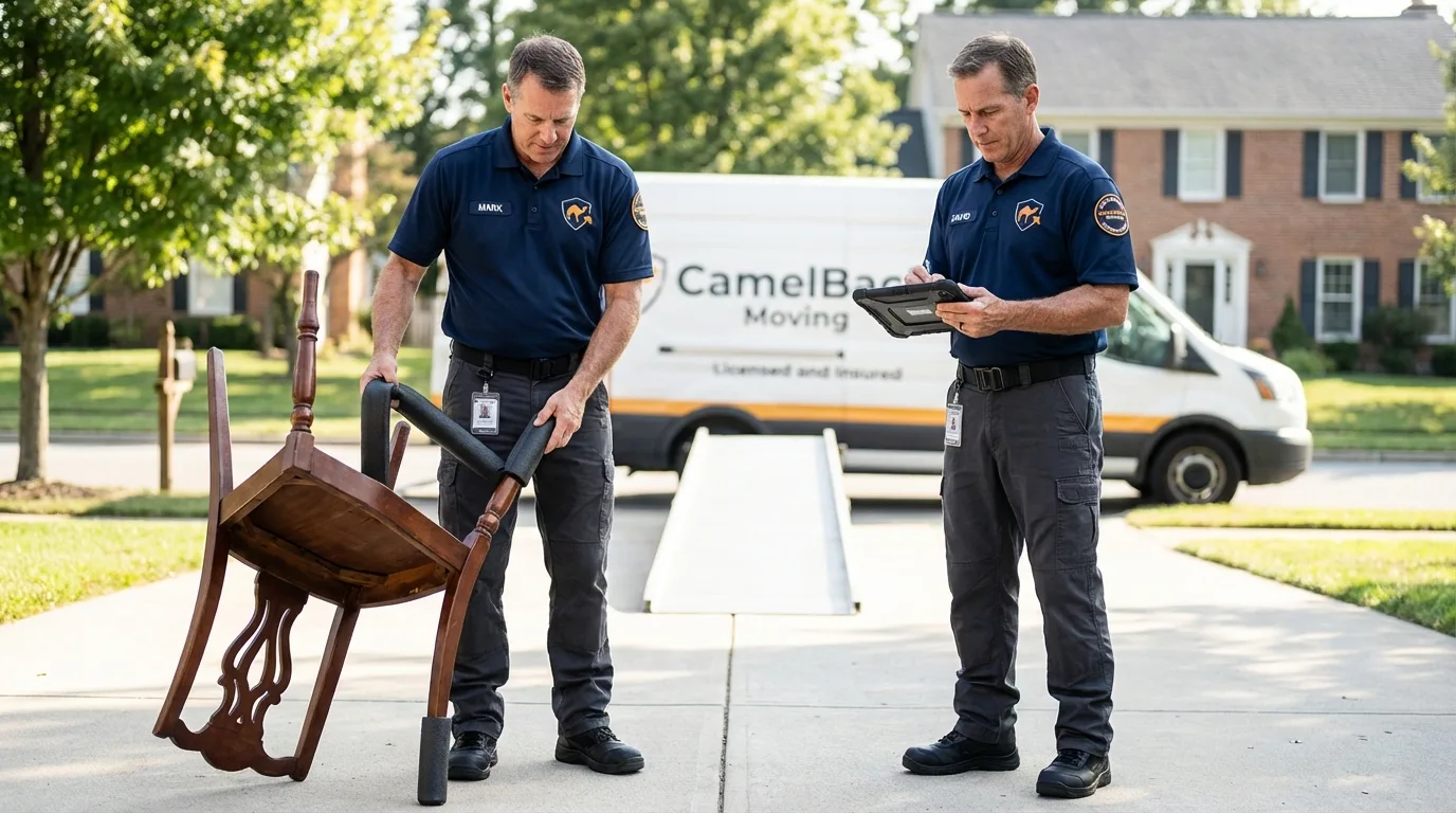 Movers inspecting furniture for damage prevention before loading in Oologah, OK