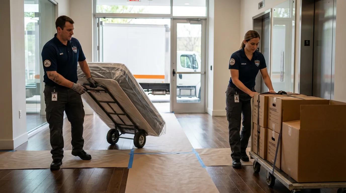 Professional apartment movers loading elevator in Oologah, OK