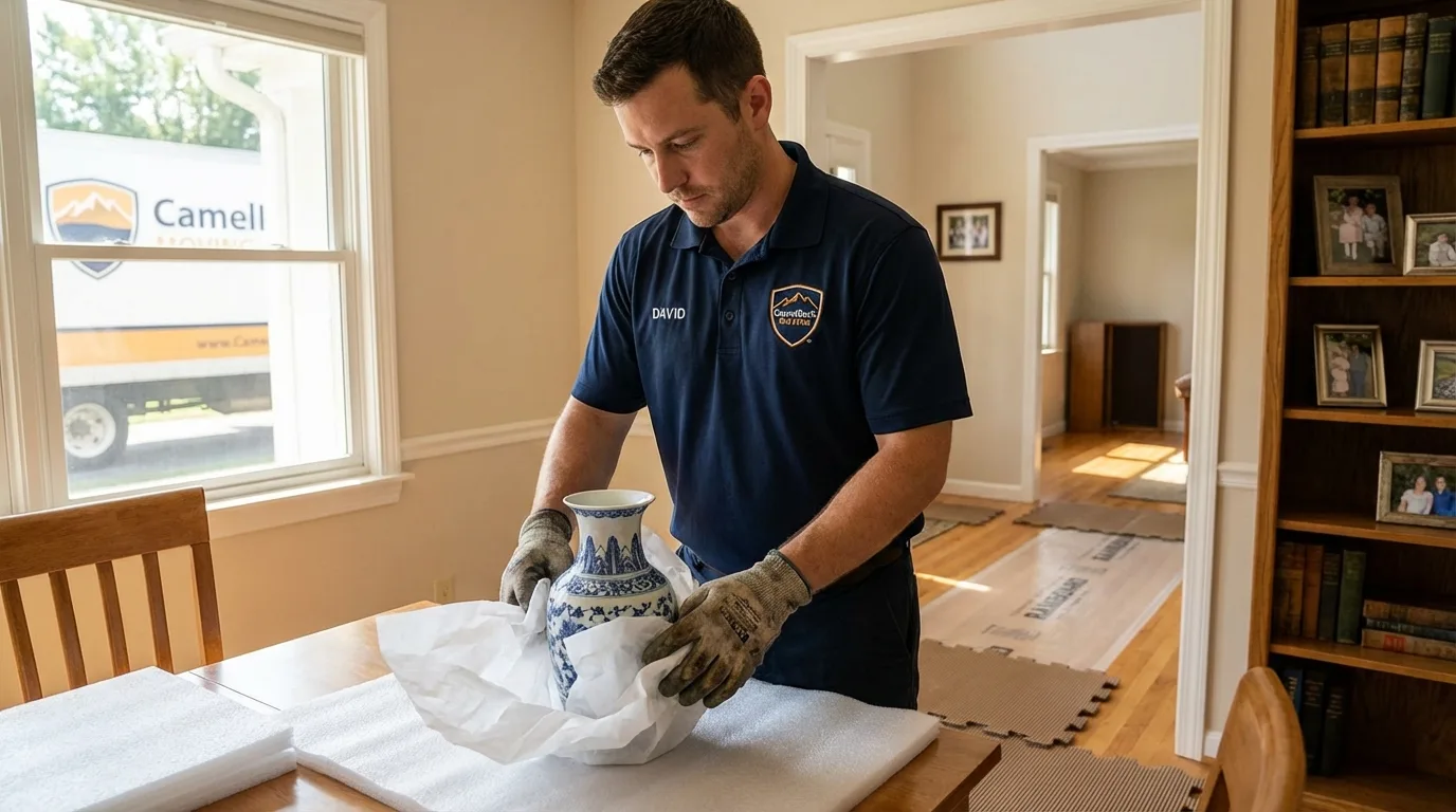Professional crew carefully wrapping antique vase for senior downsizing move in Oologah, OK