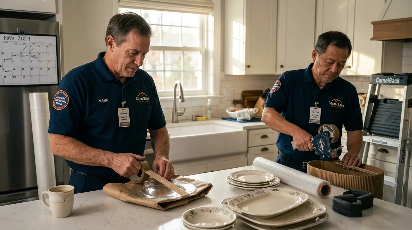 Professional crew packing kitchen dishware in Oologah, OK